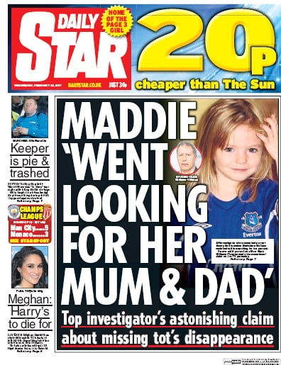 Daily Star (UK) Newspaper Front Page for 22 February 2017