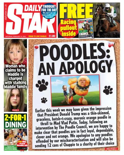 Daily Star (UK) Newspaper Front Page for 22 February 2025