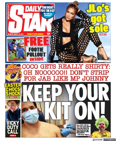 Daily Star (UK) Newspaper Front Page for 22 March 2021