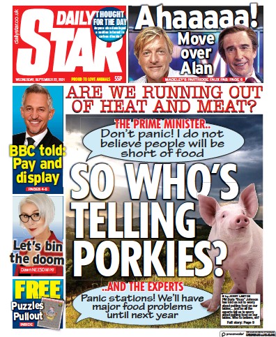 Daily Star (UK) Newspaper Front Page for 22 September 2021