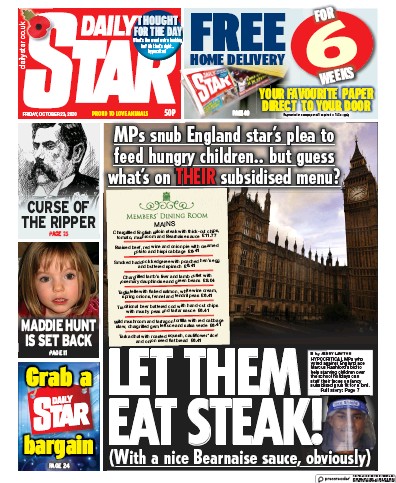Daily Star (UK) Newspaper Front Page for 23 October 2020