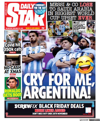 Daily Star (UK) Newspaper Front Page for 23 November 2022