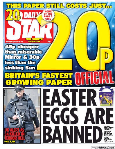 Daily Star (UK) Newspaper Front Page for 23 March 2016