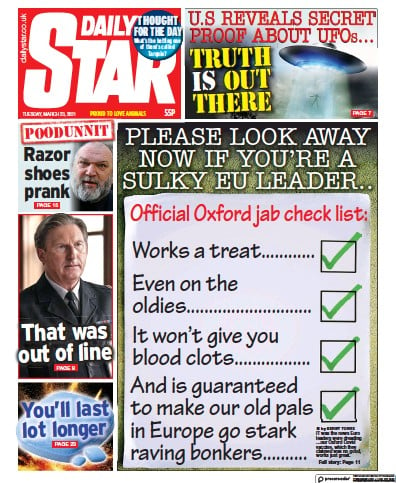 Daily Star (UK) Newspaper Front Page for 23 March 2021