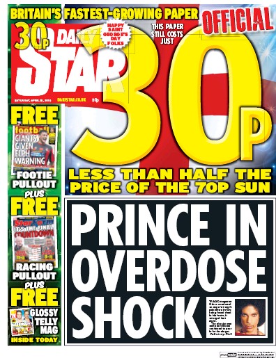 Daily Star (UK) Newspaper Front Page for 23 April 2016