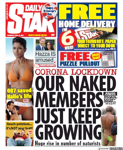 Daily Star (UK) Newspaper Front Page for 23 April 2020