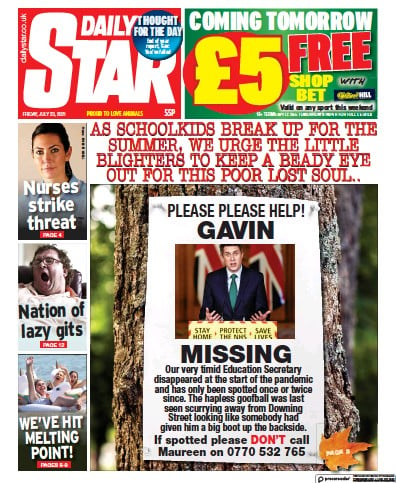 Daily Star (UK) Newspaper Front Page for 23 July 2021