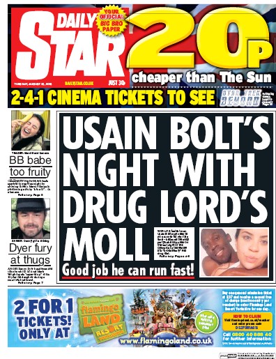 Daily Star (UK) Newspaper Front Page for 23 August 2016