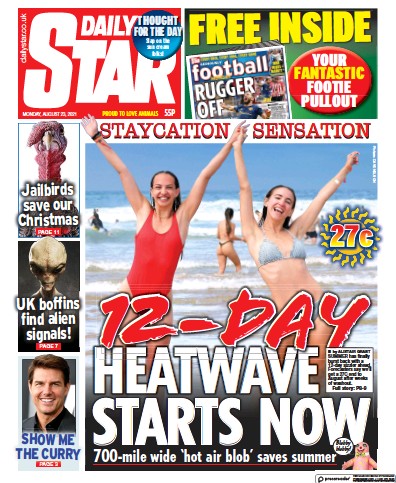 Daily Star (UK) Newspaper Front Page for 23 August 2021