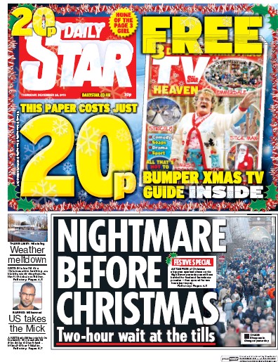Daily Star (UK) Newspaper Front Page for 24 December 2015