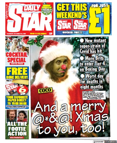 Daily Star (UK) Newspaper Front Page for 24 December 2020