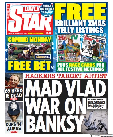 Daily Star (UK) Newspaper Front Page for 24 December 2022