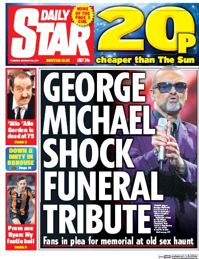 Daily Star (UK) Newspaper Front Page for 24 January 2017