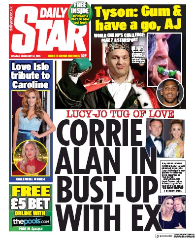 Daily Star (UK) Newspaper Front Page for 24 February 2020