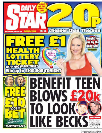 Daily Star (UK) Newspaper Front Page for 24 September 2016