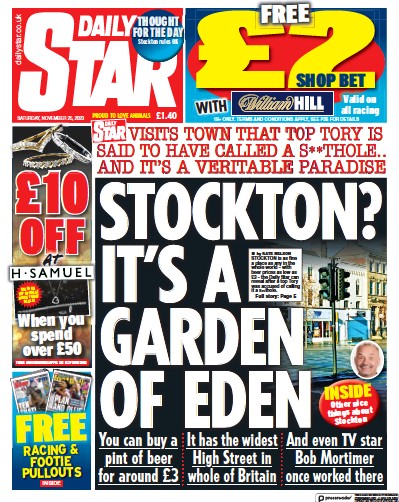 Daily Star (UK) Newspaper Front Page for 25 November 2023