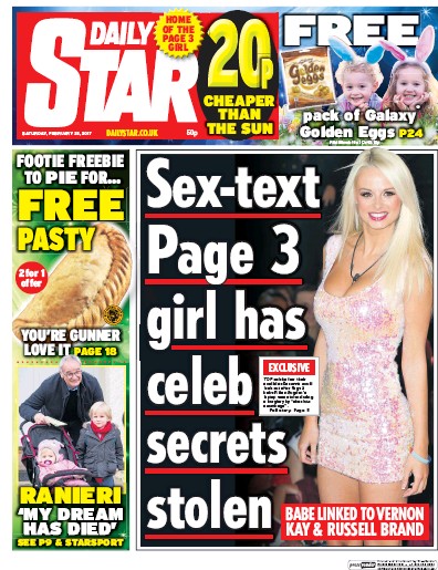 Daily Star (UK) Newspaper Front Page for 25 February 2017
