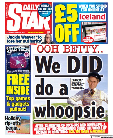 Daily Star (UK) Newspaper Front Page for 25 February 2021