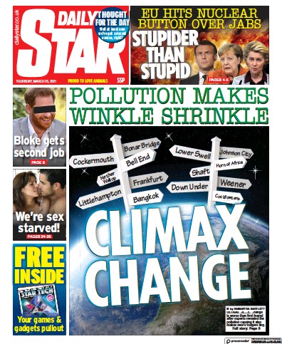 Daily Star (UK) Newspaper Front Page for 25 March 2021