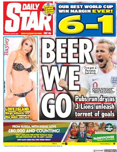 Daily Star (UK) Newspaper Front Page for 25 June 2018