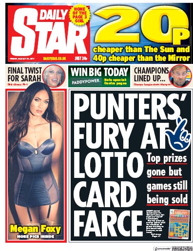 Daily Star (UK) Newspaper Front Page for 25 August 2017