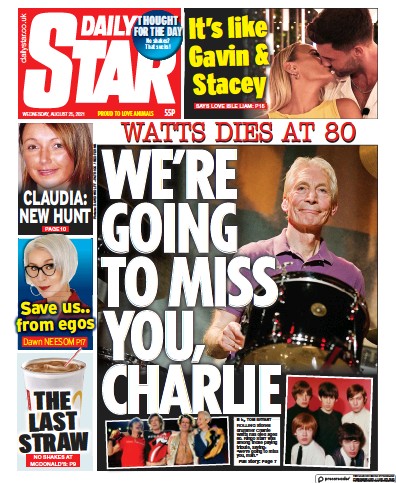 Daily Star (UK) Newspaper Front Page for 25 August 2021