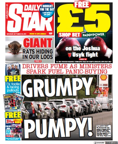 Daily Star (UK) Newspaper Front Page for 25 September 2021