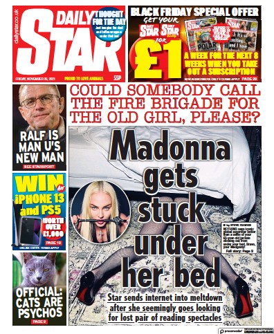 Daily Star (UK) Newspaper Front Page for 26 November 2021