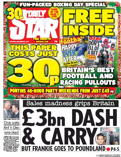 Daily Star (UK) Newspaper Front Page for 26 December 2015