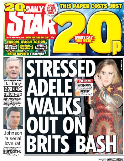 Daily Star Newspaper Front Page for 26 February 2016