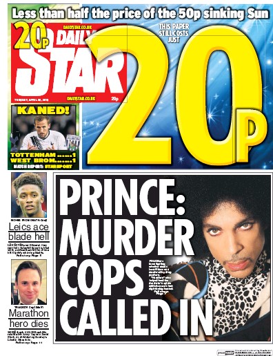 Daily Star (UK) Newspaper Front Page for 26 April 2016
