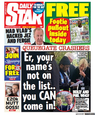 Daily Star (UK) Newspaper Front Page for 26 September 2022