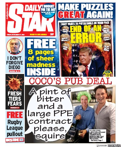 Daily Star (UK) Newspaper Front Page for 27 November 2020