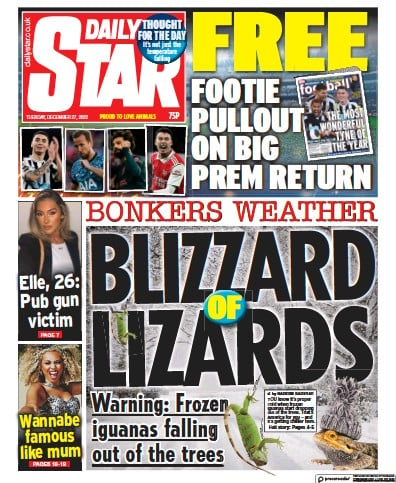 Daily Star (UK) Newspaper Front Page for 27 December 2022