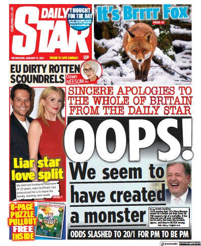 Daily Star Newspaper Front Page for 27 January 2021