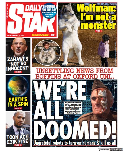Daily Star (UK) Newspaper Front Page for 27 January 2023