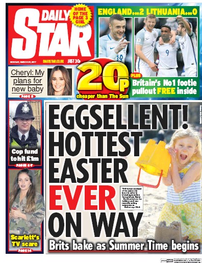 Daily Star (UK) Newspaper Front Page for 27 March 2017