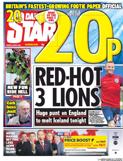Daily Star Newspaper Front Page for 27 June 2016
