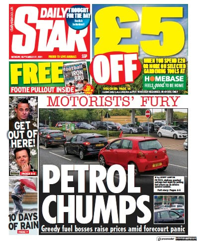 Daily Star (UK) Newspaper Front Page for 27 September 2021
