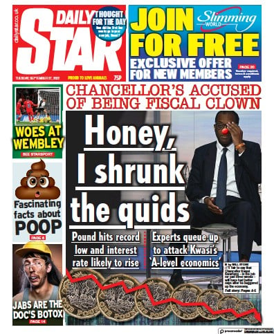 Daily Star (UK) Newspaper Front Page for 27 September 2022