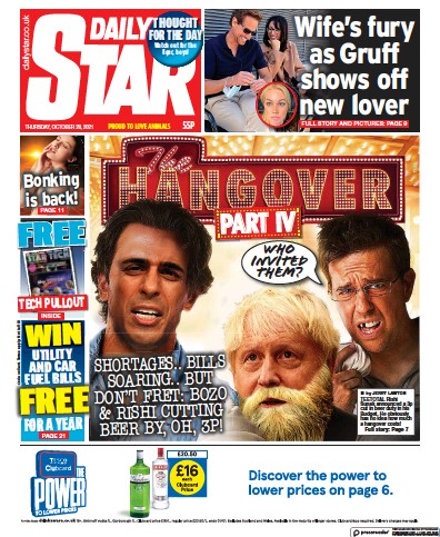 Daily Star (UK) Newspaper Front Page for 28 October 2021