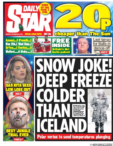 Daily Star (UK) Newspaper Front Page for 28 November 2016