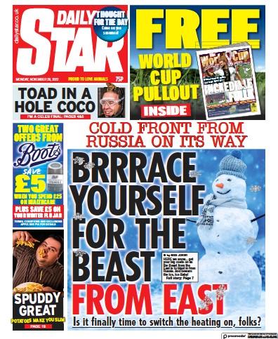 Daily Star (UK) Newspaper Front Page for 28 November 2022