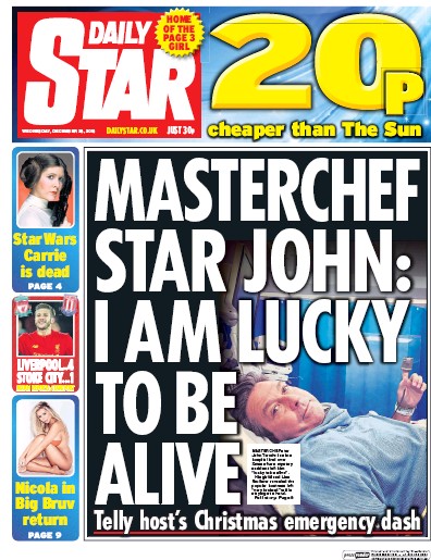 Daily Star (UK) Newspaper Front Page for 28 December 2016
