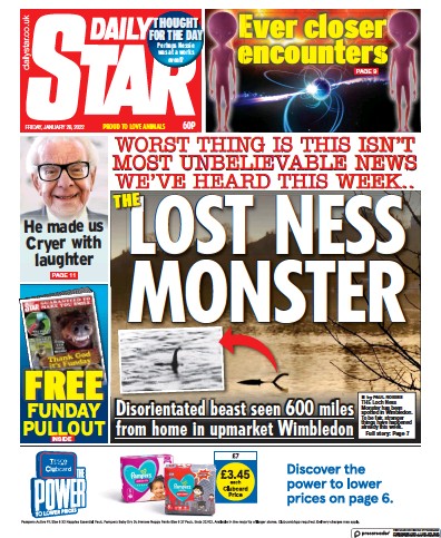 Daily Star (UK) Newspaper Front Page for 28 January 2022