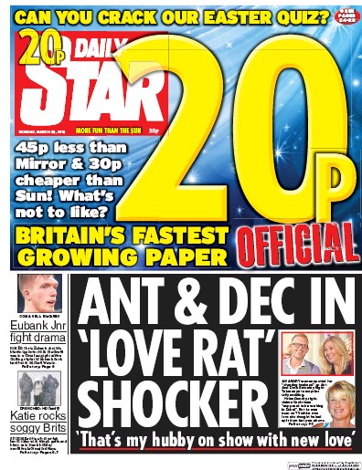 Daily Star (UK) Newspaper Front Page for 28 March 2016