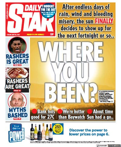 Daily Star (UK) Newspaper Front Page for 28 May 2021