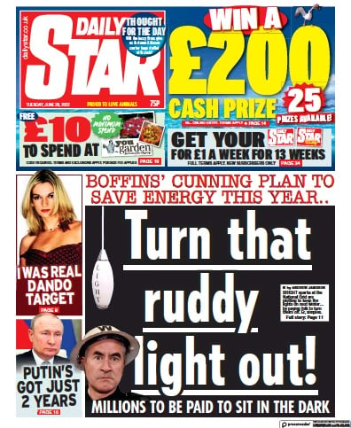 Daily Star (UK) Newspaper Front Page for 28 June 2022