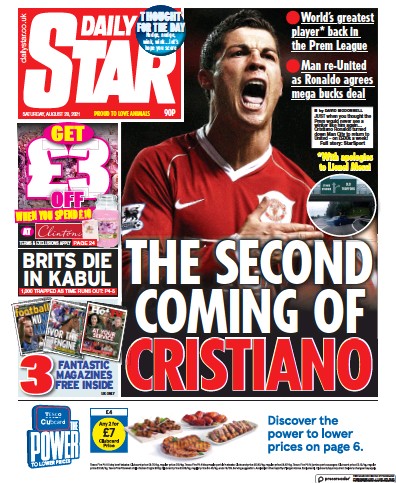 Daily Star (UK) Newspaper Front Page for 28 August 2021