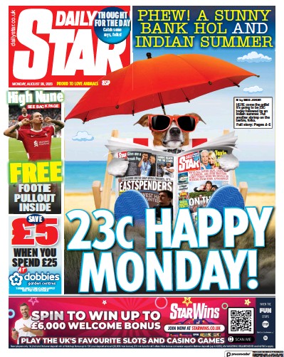 Daily Star (UK) Newspaper Front Page for 28 August 2023